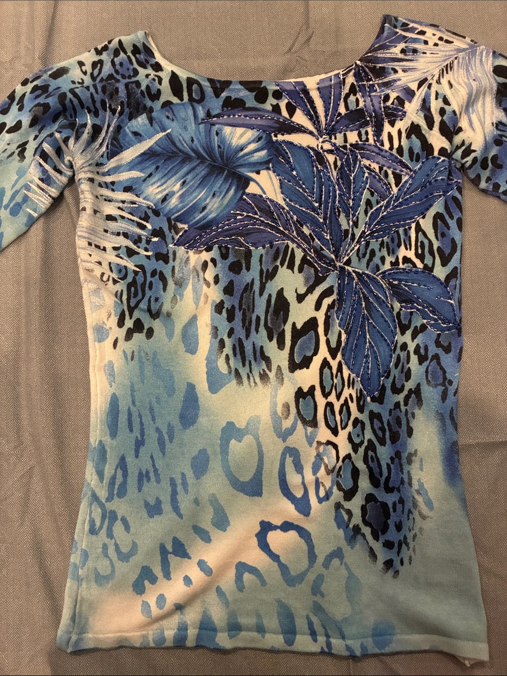 Cache Blue Beaded Tropical Animal Print Stretch Top XS Y2K